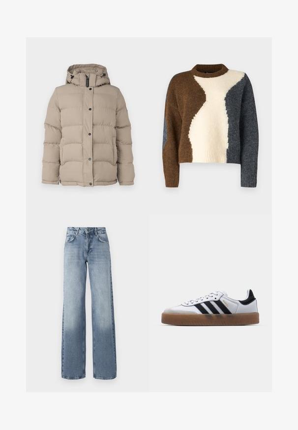 Beige puffer jope kapuutsiga, millel on tikanditud disain, nööbid ja reguleeritavad paelad kaeluses.; Värviliselt blokitatud sviiter, millel on pruunid, kreemjad ja tumedad hallid toonid. Valmistatud pehmest kangast, millel on soonikkoes kaelaava ja lühendatud disain.; Laiad sinised denimpüksid heledas pesus, lukuga esikinnitus, viie-tasku disain ja õrn pleekimine pahkluude lähedal.; Valged nahast tossud mustade triipudega, kummist välistald, ümmargune nina, seotud sulgemine ja pehme hall suede ninaosa.