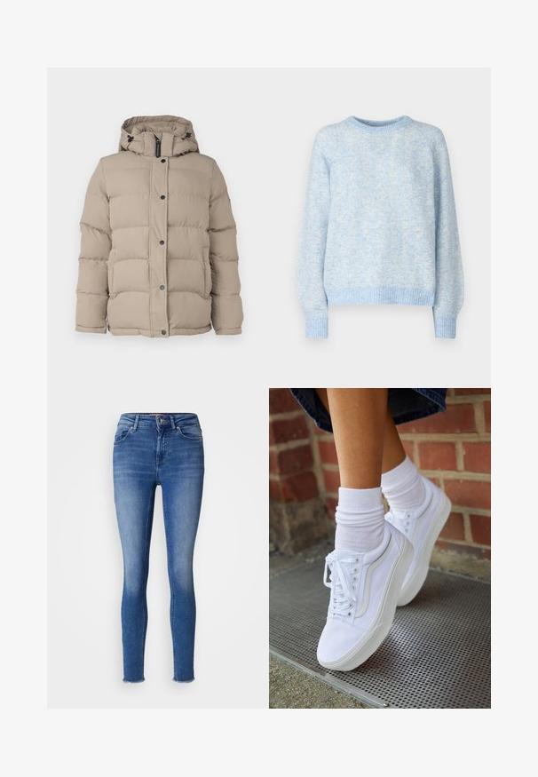 Beige puszni takki, jossa on huppu, tikkikuviointi, napit ja nauhat kauluksessa säädettävää istuvuutta varten.; Pieces PCANONA O-NECK - Neule - hydrangea; Kapeimmat farkut, valmistettu vaaleansinisestä denimestä, joissa on korkea vyötärö, klassinen viisi-taskumalli ja raaka helma nilkoissa.; Valkoiset kangaskengät kumipohjilla, joissa on kuusi silmukkaa, pyöreä kärki ja vaaleat ompeluseikat, yhdistettyinä valkoisiin nilkkasukkiin.