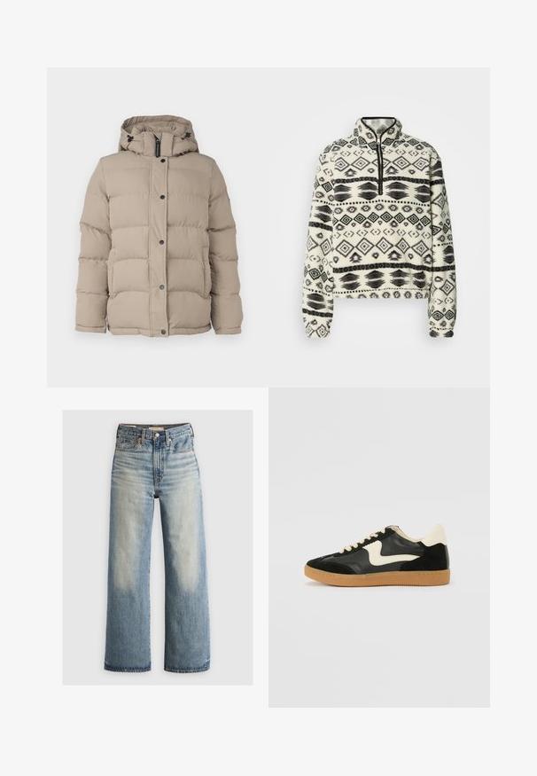 Veste doudoune beige avec capuche, présentant un design matelassé, des boutons-pression et des cordons de serrage au col pour un ajustement réglable.; Pull-over en polaire avec fermeture éclair à moitié, arborant un motif géométrique noir et blanc, col arrondi et poignets élastiques. Surface douce et texturée.; Jeans en denim bleu à jambes larges avec un délavage clair, taille haute, design à cinq poches et matériel en laiton. Accents décolorés à l'avant et à l'arrière.; Baskets en daim et cuir noir avec un swoosh latéral crème et un talon crème clair. Dotées de lacets beige et d'une semelle en caoutchouc gomme.