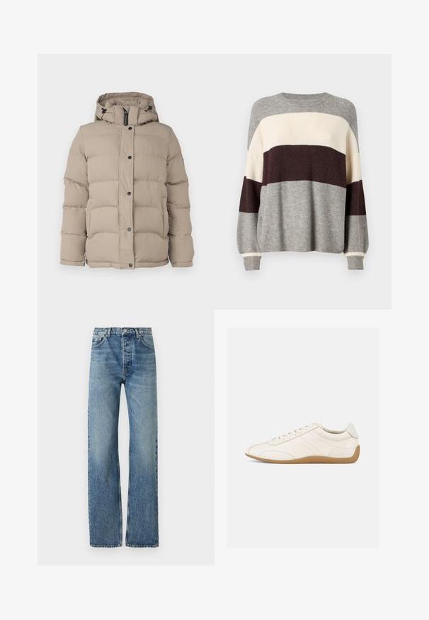 Beige puffer jope kapuutsiga, millel on tikanditud disain, nööbid ja reguleeritavad paelad kaeluses.; Halluxus kampsun halli, kreemi ja burgundi triipudega. Omab ribi tekstuuri, ringkaelust ja pikki varrukaid mansetti detailidega.; Heled sinised, kõrge vöökohtadega teksad otse jalgade disainiga, valmistatud denimkangast. Omavad klassikalist viit taskut ja hõbedast riistvara.; Valge nahast toss, millel on sile tekstuur, ümar varvas ja toon-toonis õmblused. Varustatud beežkollase kummist tallaga ja paeltega kinnitusega.