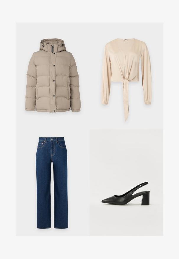 Chaqueta acolchada beige con capucha, que presenta un diseño acolchado, botones a presión y cordones en el cuello para un ajuste ajustable.; Blusa beige de manga larga con cuello en V, botones al frente, puños elásticos y un detalle de tela anudada en la cintura.; Pantalones vaqueros de denim azul oscuro con un diseño de pierna recta, adornados con costuras naranjas, cinco bolsillos y un cierre de botón clásico.; Tacones de slingback de cuero negro con punta afilada y tacón cuadrado. Presentan un diseño recortado y una textura suave, minimalista y moderna.