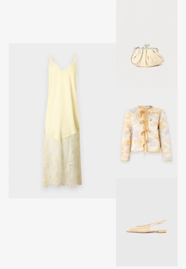 Veste matelassée à manches longues avec broderie florale jaune, quatre liens en ruban de satin sur le devant et encolure ronde.; Robe nuisette sans manches jaune pâle avec encolure en dentelle et panneau en dentelle transparente s'étendant de la mi-cuisse à l'ourlet.; Chaussure plate slingback en beige clair avec une tige en maille, un bout pointu et un petit talon. Dotée d'une sangle ajustable pour un bon maintien.; Pochette en cuir beige plissé avec un cadre en métal argenté, dotée de deux fermoirs ronds décoratifs et d'une chaîne en argent.
