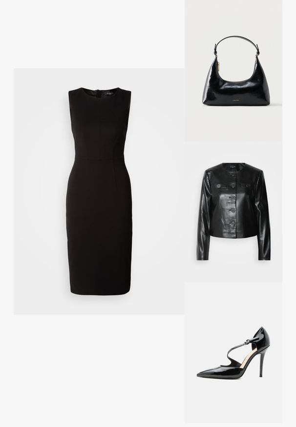 Veste en cuir noir croppée avec un col rond, cinq boutons sur le devant et deux petites poches à rabat. Texture lisse avec une finition brillante.; MARCIANO BY GUESS ZIP MIDI DRESS - Robe en jersey - black; Chaussure à talon haut en cuir verni noir avec un bout pointu et une fine bride de cheville fermée par une petite boucle.; Sac à main Calvin Klein noir brillant avec fermeture éclair dorée et anse courte sur fond blanc uni.