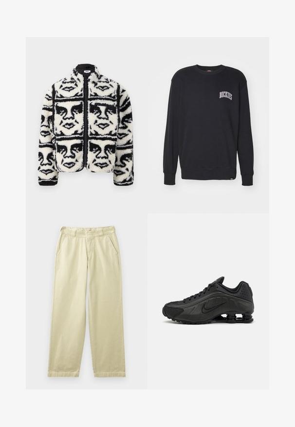 Fuzzy sort/hvid zip-up jakke med et gentaget grafisk mønster af ansigtstræk. Fremstillet af blød, tekstureret fleece materiale.; Dickies AITKIN CHEST UNISEX - Sweatshirt - black/plum; Beige bomuldsbukser med en afslappet pasform, der har sidelommer, bæltestropper og lige ben. Glat tekstur med minimale syningsdetaljer.; Sorte løbesko med en glat syntetisk overdel, perforerede detaljer, teksturerede sidedele og en distinkt fjedrende sål.