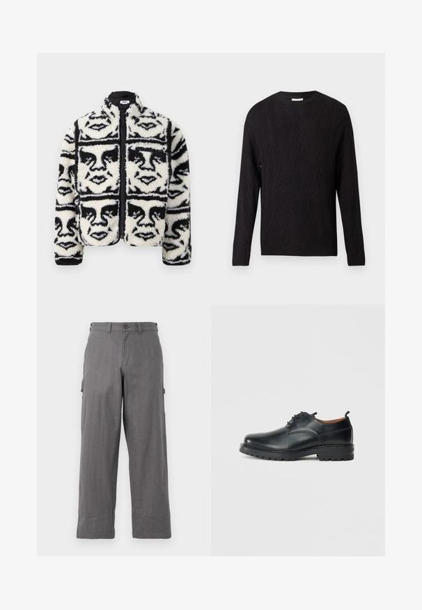 Fuzzy zwart-wit zip-up jack met een herhaald grafisch patroon van gezichten. Gemaakt van zacht, textuurfluweel materiaal.; Zwarte lange mouw trui met een chevron breipatroon en geribde boorden en zoom, rond decolleté, weergegeven op een effen witte achtergrond.; Grijze cargobroek met een recht gesneden ontwerp, gemaakt van duurzame stof. Voorzien van zijzakken en een knoopsluiting bij de taille.; Zwarte leren derby schoenen met een gladde textuur, ronde neus, vetersluiting en een dikke, robuuste rubberen zool.
