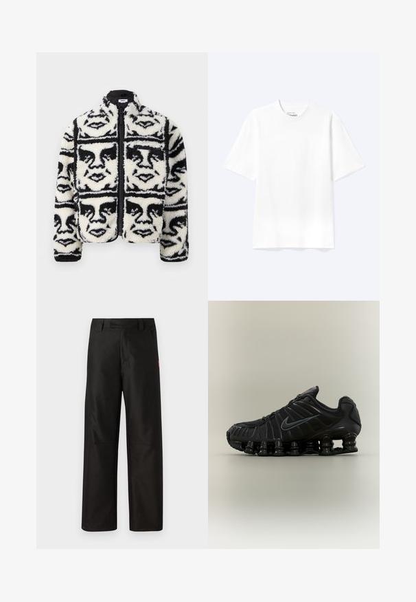 Fuzzy zwart-wit zip-up jack met een herhaald grafisch patroon van gezichten. Gemaakt van zacht, textuurfluweel materiaal.; Effen witte T-shirt met korte mouwen en ronde hals, met een losse pasvorm, weergegeven op een lichte achtergrond.; Zwarte wijde broek van gladde stof, met een platte voorkant, riemlussen en twee zijzakken. Rode merklogo-accent aan de zijkant.; Zwarte Nike hardloopschoen met veerachtige segmentenzool, mesh bovenwerk en bijpassend zwart swoosh-logo aan de zijkant.