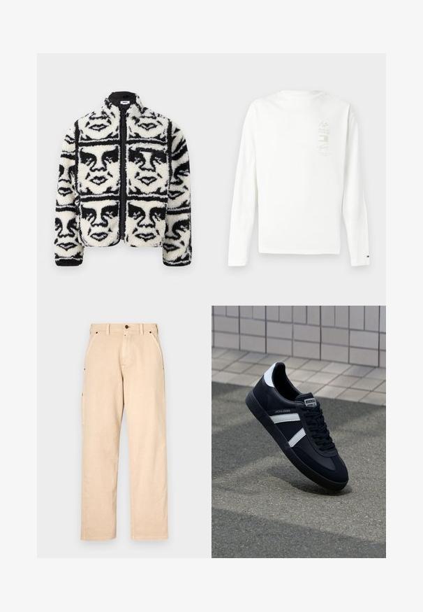 Fuzzy sort/hvid zip-up jakke med et gentaget grafisk mønster af ansigtstræk. Fremstillet af blød, tekstureret fleece materiale.; Langærmet hvid bomulds T-shirt med et lille grafisk print i diskrete farver på venstre bryst og et logo på ærmeskæringen.; Beige bomuldsbukser med lige ben, der har sidelommer, bæltestropper og knaplukning foran. Glat tekstur, minimalistisk design.; Sort lædersneaker med hvide striber, tekstureret gummisål og snørrebånd foran. Har et brandet mærke på tungen.