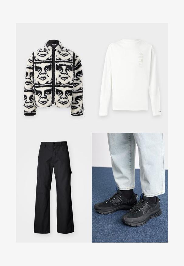Fuzzy sort/hvid zip-up jakke med et gentaget grafisk mønster af ansigtstræk. Fremstillet af blød, tekstureret fleece materiale.; Langærmet hvid bomulds T-shirt med et lille grafisk print i diskrete farver på venstre bryst og et logo på ærmeskæringen.; Svarte breddebenede bukser fremstillet af holdbart stof. Har en knaplukning og sidelommer. Glat tekstur med et enkelt design.; Sorte træningssko med tekstureret stof og gummisåler, udstyret med elastiske snørebånd og en blå detalje på hælen. Bæres med lyse denimbukser.