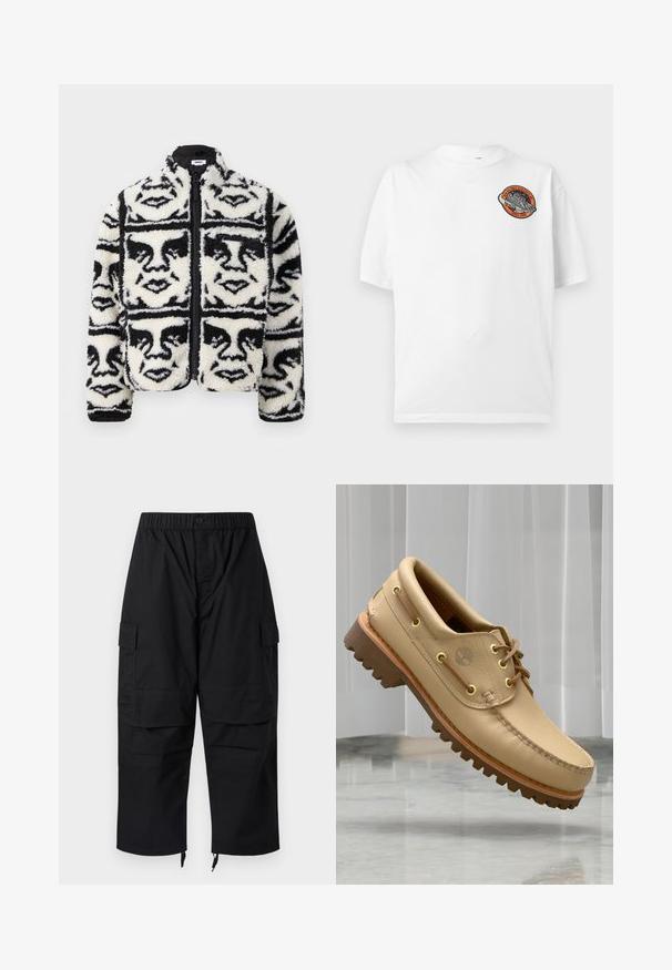 Fuzzy sort/hvid zip-up jakke med et gentaget grafisk mønster af ansigtstræk. Fremstillet af blød, tekstureret fleece materiale.; Hvid T-shirt med korte ærmer og et lille rundt rumtema-badge med en raket og teksten "High Balance Athletics Since 1908" på brystet.; Sorte cargobukser med elastisk talje, flere lommer og lynlåse ved anklerne, med et afslappet, løstsiddende design.; Lysbrune læderbådsko med tyk, rillet sål og snøre detaljer, svævende over et marmor gulv med baggrund af hvide lodrette persienner.