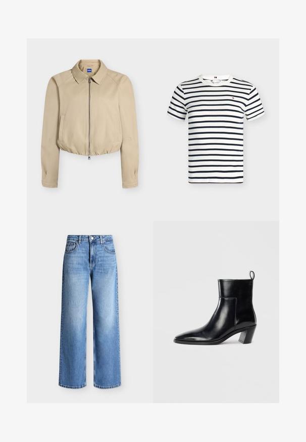 Veste courte beige avec fermeture éclair à l'avant, col pointu, manches longues, poches latérales et ourlet élastiqué, étiquetée "Hugo" à l'intérieur du col.; T-shirt blanc à manches courtes et col rond avec des rayures horizontales bleu marine et un petit logo rouge, blanc et bleu marine sur la poitrine.; Jean droit bleu avec cinq poches et une fermeture bouton et zip, présenté sur un fond clair uni.; Bottine en cuir noir avec un bout pointu, un talon empilé géométrique et une languette à l'arrière. Texture lisse et design épuré.