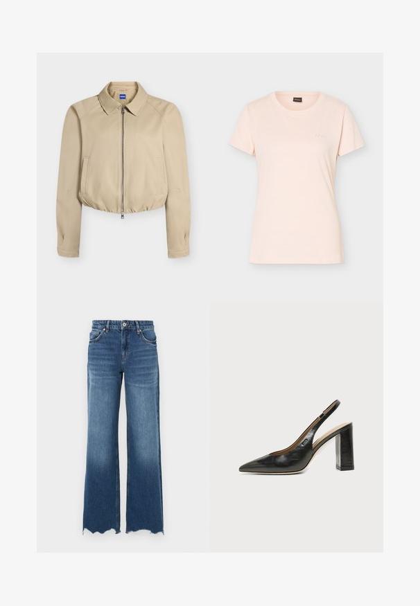 Veste courte beige avec fermeture éclair à l'avant, col pointu, manches longues, poches latérales et ourlet élastiqué, étiquetée "Hugo" à l'intérieur du col.; T-shirt rose clair à manches courtes avec col rond, petit logo BOSS embossé sur la poitrine gauche et étiquette noire à l'intérieur du col.; Jean flare en denim bleu moyen, avec un ourlet effiloché, cinq poches et une fermeture avant à boutons.; Chaussure slingback en cuir noir à bout pointu avec un talon bloc haut et une doublure intérieure beige sur un fond clair uni.