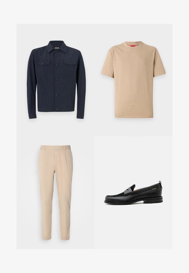 Merijacket valmistettu kevyestä kankaasta, jossa on klassinen kaulus, napitettava etuosa, kaksi rintataskua ja pitkät hihat.; Beige puuvillane T-särk lühikeste varrukatega, ümar kaelus ja delikaadne "HUGO" logo keskel. Sile tekstuur, lõdvestatud istuvus.; Vaaleanbeiget housut, joissa on kapea istuvuus ja neulosmateriaali. Varustettu yhdellä nappikiinnityksellä, laskostetulla edessä ja suorilla lahkeilla.; Musta nahkalesti harmaalla remmikoristeella, matala korko ja teksturoitu pohja, sivustalla kullanvärisellä "HUGO"-brändillä.
