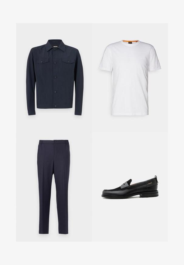 Marineblaues Jacket aus leichtem Stoff, mit klassischem Kragen, Knopfleiste, zwei Brusttaschen und langen Ärmeln.; Weißes Baumwoll-T-Shirt mit Rundhalsausschnitt, kurzen Ärmeln und einem dezenten geprägten Logo auf der Brust. Das Innenschild hat einen orangefarbenen Akzent.; Navyblaue Hose mit flacher Front, elastischem Bund und Knopfverschluss. Gerader Schnitt und glatte Textur, geeignet für formelle oder legere Anlässe.; Schwarzer Lederloafer mit grauem Riemendetail, niedrigem Absatz und strukturierter Sohle, seitlich mit „HUGO“ in Gold gebrandmarkt.