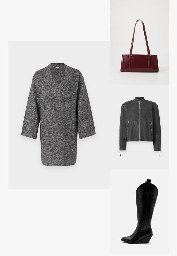 Sort læderjakke med ståkrave, frontlynlås og to lynlåslommer. Har diskret syninger og en skræddersyet pasform.; Grå strikket sweater med V-hals og lange ærmer, prydet med et struktureret mønster og løs pasform. Uformelt design med et blødt, tykt stof.; Sort læder cowboystøvle med spidst tåparti, skråt blokhælhæl, dekorative sømme og trækstropper øverst mod hvid baggrund.; Bordeaux håndtaske lavet af glansfuldt materiale, rektangulær form, med to skulderremme og subtile buede detaljer på forsiden.