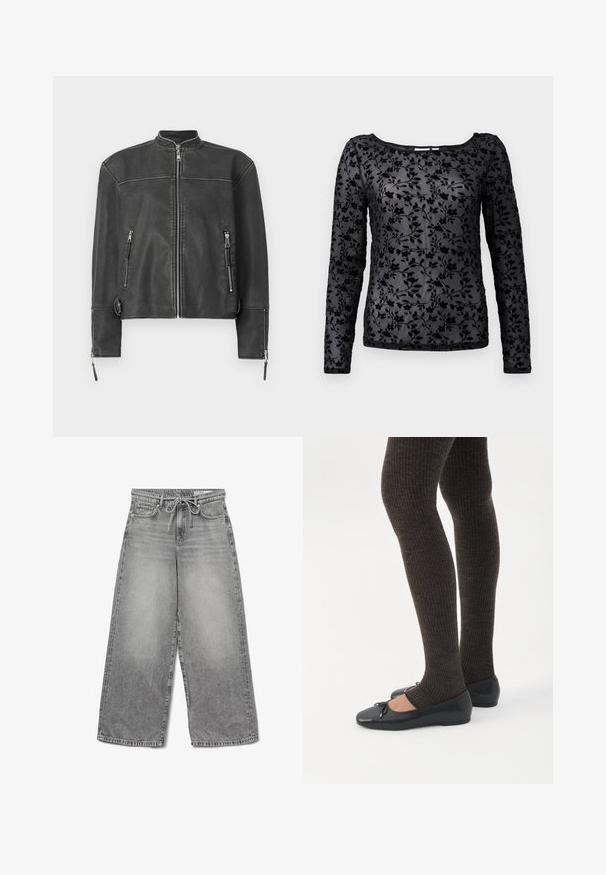Sort læderjakke med ståkrave, frontlynlås og to lynlåslommer. Har diskret syninger og en skræddersyet pasform.; Langærmet sort top med et blødt blomster-mønster i velour, med en rund halsudskæring og gennemsigtigt stof.; Bredde ben grå denim jeans med en falmet finish, snoreliv og traditionelt fem-lomme design, der har synlige syninger.; Ben iført mørke ribbede leggings kombineret med sorte balletsko med små sløjfedetaljer på hvid baggrund.