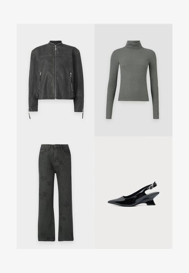 Sort læderjakke med ståkrave, frontlynlås og to lynlåslommer. Har diskret syninger og en skræddersyet pasform.; Grå langærmet turtleneck-top lavet af blødt ribbet materiale, med en tætsiddende pasform og høj krave.; Sorte brede jeans med falmede blomster-, hjerte- og sommerfuglemønstre, frontknaplukning og fem lomme-design.; Sort laklæder slingback sko med spids tå og lav vinklet blokhæl på ensartet lys baggrund.
