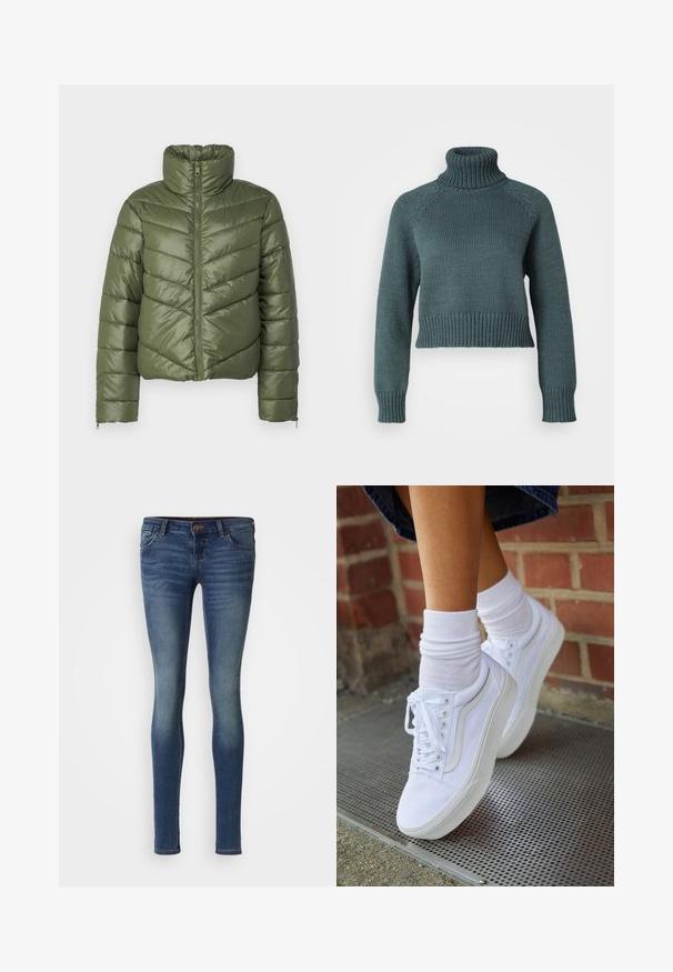 Doudoune vert olive avec col montant, fermeture éclair sur le devant et surpiqûres en chevrons. Caractéristiques : poignets élastiques et silhouette courte.; Vero Moda Petite VMMIRANDA - Pullover - balsam green; Jean skinny, denim bleu moyen, design à cinq poches, légère décoloration, fermeture à bouton, coutures surpiquées et silhouette ajustée.; Baskets en toile blanches avec semelles en caoutchouc, dotées de six œillets, d'un bout rond et de détails de couture légers, portées avec des chaussettes blanches mi-mollet.