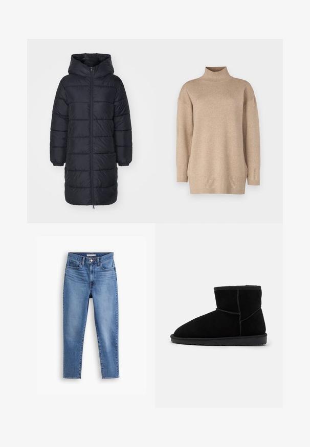 Mustmust puffer-kate, mille, mis sisaldab lukuga esiosa, soonikkoes varrukaid ja tikandiga kappide disaini. Keskmise pikkusega ja soojustatud.; Beežika kaelusega pullover, mille lõige on lõdvestunud, ääred ja mansetid on soonikkoes, pehme tekstuur ja veidi langenud õlad. Valmistatud kergest materjalist.; Sinine kõrge vöökohtadega naiste teksapüksid, millel on ees nööp ja lukuga sulgemine, vöölõõrid ja viie tasku disain, valgel taustal.; Mustadest mikrofliisist pahkluusaapad ümmarguse varbaga, paigutatud lamedale kummist tallale. Omab minimaalset õmblust ja pehmet sisetald.
