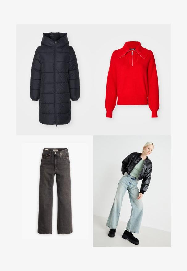 Mustmust puffer-kate, mille, mis sisaldab lukuga esiosa, soonikkoes varrukaid ja tikandiga kappide disaini. Keskmise pikkusega ja soojustatud.; Punane kootud sveter kõrge kaelusega, millel on lukuga sulgumine ja soonikuline kangas. LOOSE FIT laiad varrukad ja ühtlane värv.; Kõrge vöökohaga, laiad püksid tumesinises denimis, esipocketite, kontrastsete vasevärvi nupukestega ja puhta viimistlusega, ilma dekoratsioonideta.; Must musta bomber jacket, heled rohelise sobiva pluusi, helesinised laiad teksapüksid ja paksud mustad platvormi saapad. Siledad tekstuurid ja kontrastsed värvid.