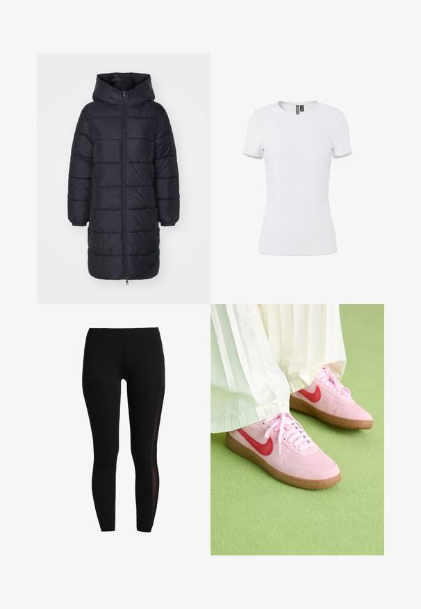Mustmust puffer-kate, mille, mis sisaldab lukuga esiosa, soonikkoes varrukaid ja tikandiga kappide disaini. Keskmise pikkusega ja soojustatud.; Valge, lühikeste varrukatega vormis ümar kaelusega t-särk nähtava sisemise krae sildiga, esitatud ühevärvilisel taustal.; Mustavad legginsid, mis on valmistatud venivast kangast, millel on sile tekstuur. Külgedel on võrkpaneelid, mis lisavad kontrastset disainielementi.; Roosa sametist jooksujalatsid punase logoga ja sobivate paeltega. Üks on helepruunist kummist. Kandmine valgete voltidega pükstega rohelisel pinnal.