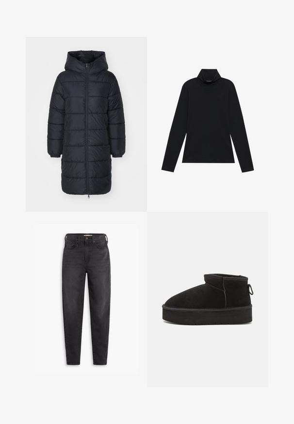 Mustmust puffer-kate, mille, mis sisaldab lukuga esiosa, soonikkoes varrukaid ja tikandiga kappide disaini. Keskmise pikkusega ja soojustatud.; Musthave musta pika varrukaga dressipluus. Pehme kangas, keha järgi vormitud disain, kõrge krae ja külgõmblused. Lihtne ja mitmekülgne stiil, sobib ideaalselt kihiline riietumine.; Mustad kõrge vöökoht slim-fit teksad, millel on esimesed ja tagumised taskud, nööpkinnitus ja vöölukud, esitatud valgel taustal.; Must musta jala saapad ümarate varvastega, millel on tõstetud tallad ja külgmine silmus hõlpsaks pealepanekuks. Kujundus on lihtne ja minimaalsete aktsentidega.