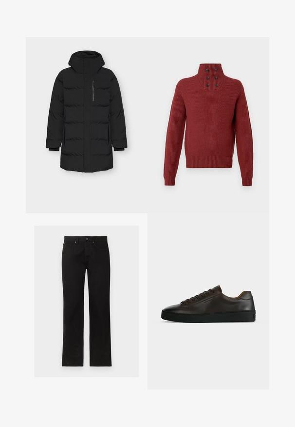 Veste rembourrée noire avec un col haut et une fermeture éclair à l'avant. Elle présente des poches latérales, une texture lisse et un design matelassé avec des sections rembourrées.; Pull en tricot bordeaux à col montant, avec quatre boutons noirs au niveau du cou et une texture côtelée sur les manches et le corps.; Jean noir à jambe droite avec fermeture bouton et zip, poches avant et arrière, présenté à plat sur fond blanc.; Baskets basses en cuir marron foncé avec semelle en caoutchouc noire, lacets à l'avant et design minimaliste épuré sur fond clair.