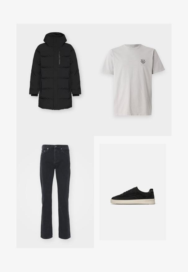 Veste rembourrée noire avec un col haut et une fermeture éclair à l'avant. Elle présente des poches latérales, une texture lisse et un design matelassé avec des sections rembourrées.; T-shirt en coton gris à manches courtes, comportant un petit motif graphique sombre sur la zone gauche de la poitrine. Style classique à encolure ronde.; Jeans en denim noir avec une coupe droite, comportant cinq poches et une fermeture à bouton. Le tissu a une texture subtile et une finition robuste.; Baskets basses en daim noir avec lacets noirs et semelle blanche en caoutchouc, vue latérale sur fond gris clair uni.
