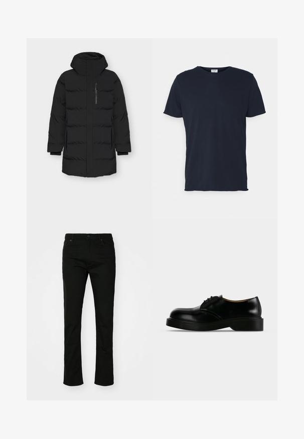 Veste rembourrée noire avec un col haut et une fermeture éclair à l'avant. Elle présente des poches latérales, une texture lisse et un design matelassé avec des sections rembourrées.; T-shirt en coton bleu marine avec un col rond et des manches courtes, présentant une texture lisse et un design simple, sans motifs ni accents visibles.; Jean en denim noir avec une coupe droite, style à cinq poches et fermeture à bouton. Texture lisse avec des détails de couture subtils.; Chaussure de ville noire en cuir poli à lacets, avec une semelle épaisse, un bout arrondi et un petit talon, montrée de profil sur un fond uni.