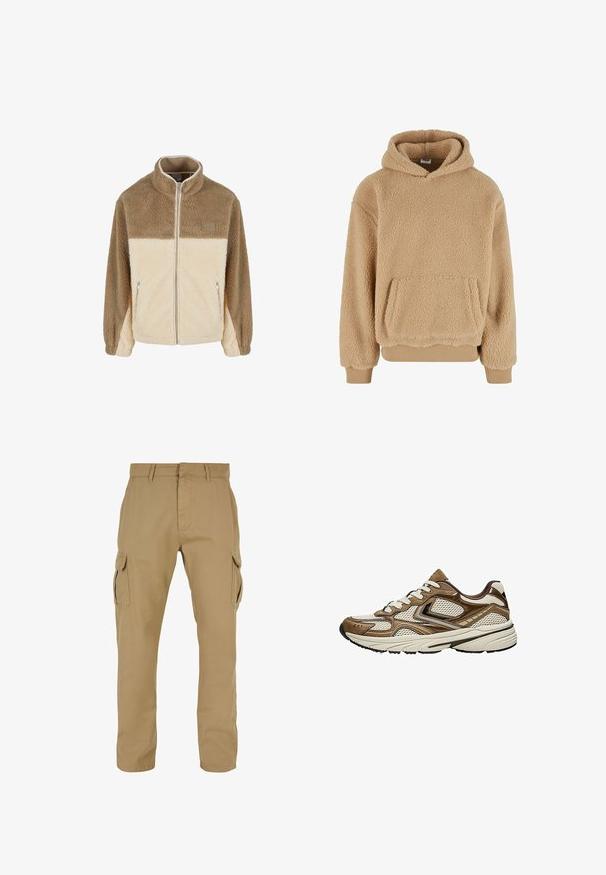 Fleecejack met een hoge kraag, met een beige en crèmekleurig kleurblokontwerp, ritssluiting en twee ritszakken aan de zijkant.; Beige fleece hoodie met een zachte textuur, een kangoeroezak, brede mouwen en een geribde zoom en manchetten.; Beige cargobroek met twee zijzakken, rechte pijpdesign, gemaakt van duurzaam materiaal, met stikseldetails en riemlussen.; Bruine en beige sportschoen met meshpanelen, witte veters en een gevoerde zool, zijaanzicht op een witte achtergrond.