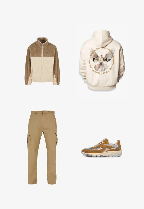 Fleecejack met een hoge kraag, met een beige en crèmekleurig kleurblokontwerp, ritssluiting en twee ritszakken aan de zijkant.; Crèmekleurige hoodie met een grafiek van een vogel met uitgespreide vleugels en cirkelvormige tekst die "Drop Size" in zwart en gouden accenten weergeeft.; Beige cargobroek met twee zijzakken, rechte pijpdesign, gemaakt van duurzaam materiaal, met stikseldetails en riemlussen.; Lage sneaker met bruine suède overlays, grijze meshpanelen, witte en grijze zool, beige veters met patroon en golvende designdetails.