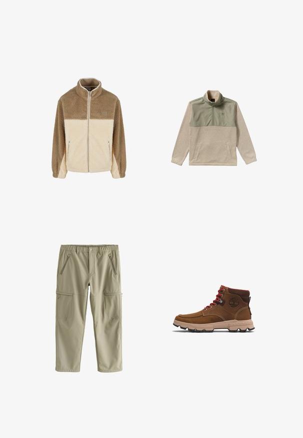 Fleecejakke med høj krave, der har et farveblokdesign i tan og creme, lynlås lukning og to lynlåslommer på siden.; Fleece pullover i beige og olivengrøn med halvlukket design, høj krave og to sidelommer. Glat tekstur på det øverste panel.; Knælange cargobukser i lys beige, lavet af glat stof. Indeholder to lynlåslommer foran og to sidelommer med klap.; Brune læder ankelstøvler med en tan gummisål, røde snørebånd og et brunt logo på siden. Har polstret ankel og struktureret overflade.
