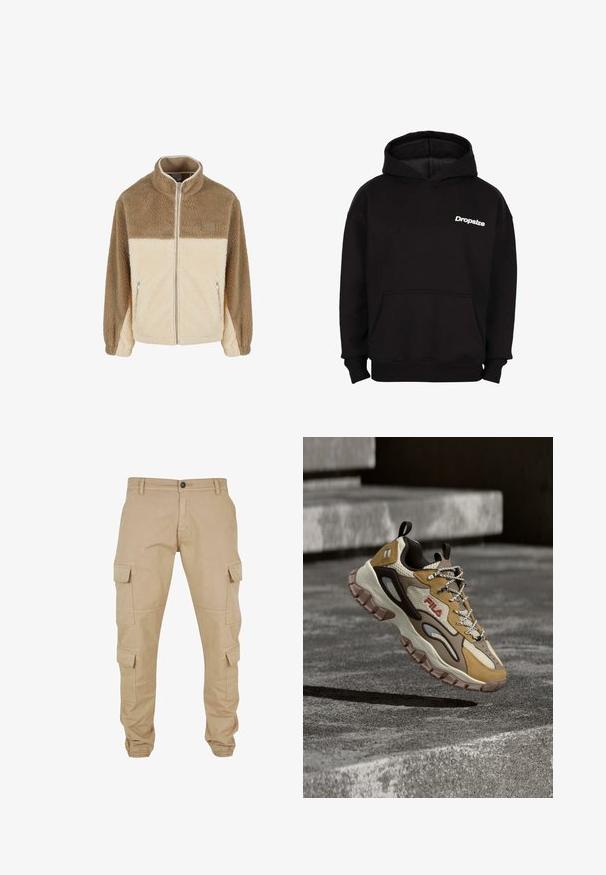 Fleecejack met een hoge kraag, met een beige en crèmekleurig kleurblokontwerp, ritssluiting en twee ritszakken aan de zijkant.; Zwarte hoodie met een voorzak en een wit "Dropsize" logo op de linkerkant van de borst.; Khaki cargobroek van een katoenmix. Voorzien van meerdere zijzakken, elastische boorden en een knoopsluiting aan de voorkant. Soepele textuur.; Stevige FILA-sneaker met beige, bruin en tan gekleurde panelen, dikke robuuste zool, patterned veters en trekbandjes, zwevend boven getextureerde betonnen treden.