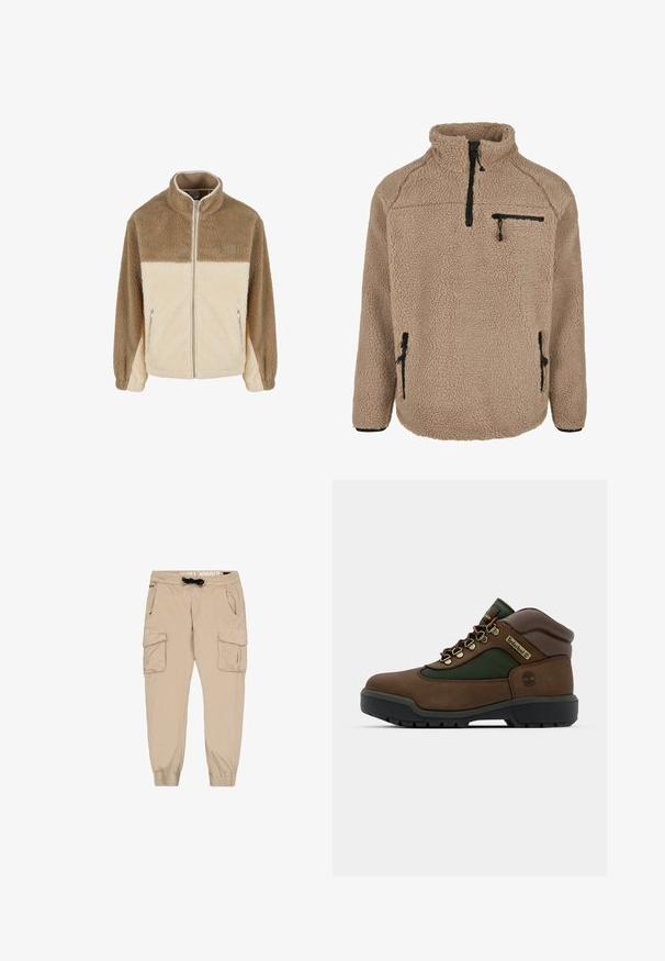 Fleecejakke med høj krave, der har et farveblokdesign i tan og creme, lynlås lukning og to lynlåslommer på siden.; Fleece-pullover i beige med høj krave, lynlåslommer på brystet og i siden. Tekstureret stof med en blød, varm finish.; Beige cargo bukser med en tapered ben, elastisk talje, snor og flere lommer. Lavet af letvægtsstof med en glat tekstur.; Brune og grønne vandresko lavet af læder og tekstilmaterialer, med gyldent hardware, polstret krave og kraftig sort gummisul.