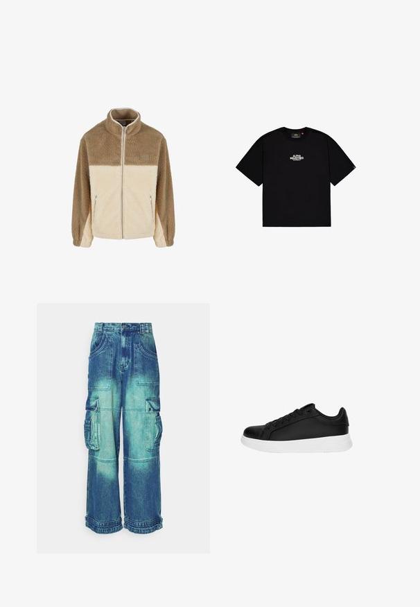 Veste en polaire avec col montant, présentant un design en bloc de couleurs beige et crème, fermeture éclair, et deux poches latérales zippées.; T-shirt noir à manches courtes avec le logo blanc "Alpha Industries" centré sur la poitrine, col rond, et une petite étiquette sur la manche gauche.; Pantalons cargo en denim dégradé de bleu, avec de nombreuses poches, jambes larges et ourlet effiloché. Conçus en tissu robuste avec des coutures visibles.; Baskets de sport noires avec une texture en cuir lisse, semelle en caoutchouc blanc, bout arrondi et un design à lacets à six œillets.