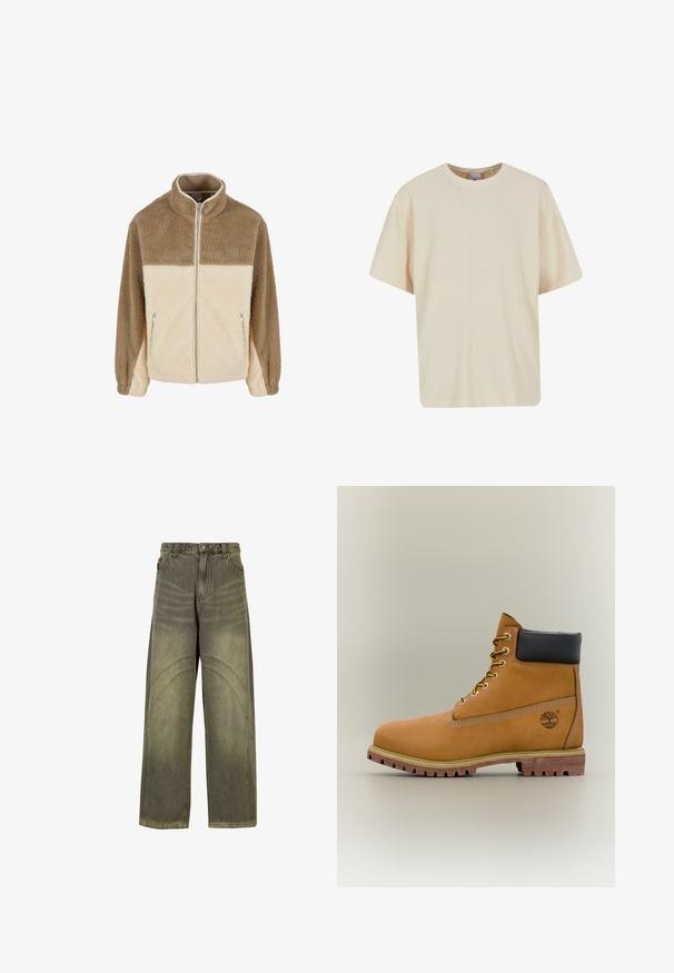 Chaqueta de forro polar con un alto cuello, que presenta un diseño a bloques de color beige y crema, cierre de cremallera y dos bolsillos laterales con cremallera.; Camiseta oversized color crema con textura acanalada, cuello redondo y mangas cortas. Presenta un sutil bordado del logo en el pecho.; Jeans de pierna ancha en denim verde oliva, con acentos de costura curvada, cierre clásico de botón y un acabado desgastado.; Bota de tobillo de cuero marrón con cuello negro, cordones amarillos y suela beige. Presenta un logotipo y detalles de costura blanca. Suela exterior con tracción robusta.