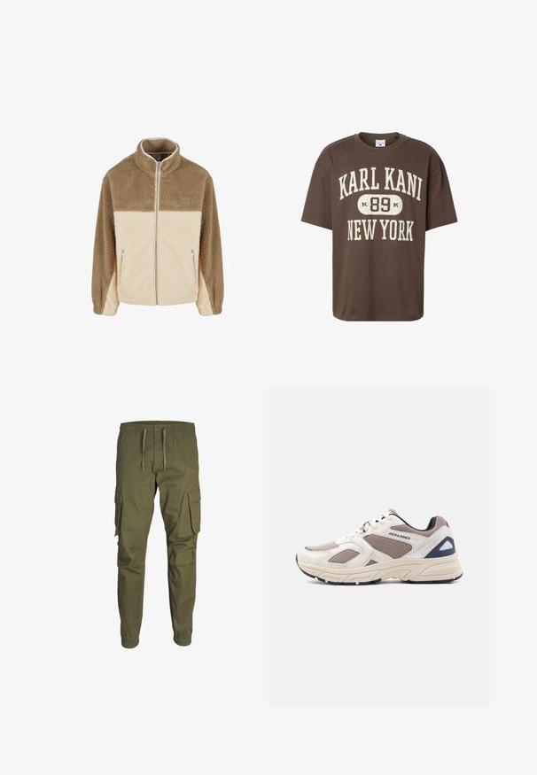 Fleecejack met een hoge kraag, met een beige en crèmekleurig kleurblokontwerp, ritssluiting en twee ritszakken aan de zijkant.; Bruin T-shirt met korte mouwen en witte, gescheurde tekst "KARL KANI 89 NEW YORK" aan de voorkant, ronde hals en een relaxte pasvorm.; Olijfgroene cargobroek van lichtgewicht stof. Beschikt over een elastische tailleband, verstelbaar trekkoord en twee zijzakken.; Beige en taupe sportieve schoen van mesh en synthetisch materiaal met vetersluiting, gevoerde zool en het logo "JACK & JONES" aan de zijkant.