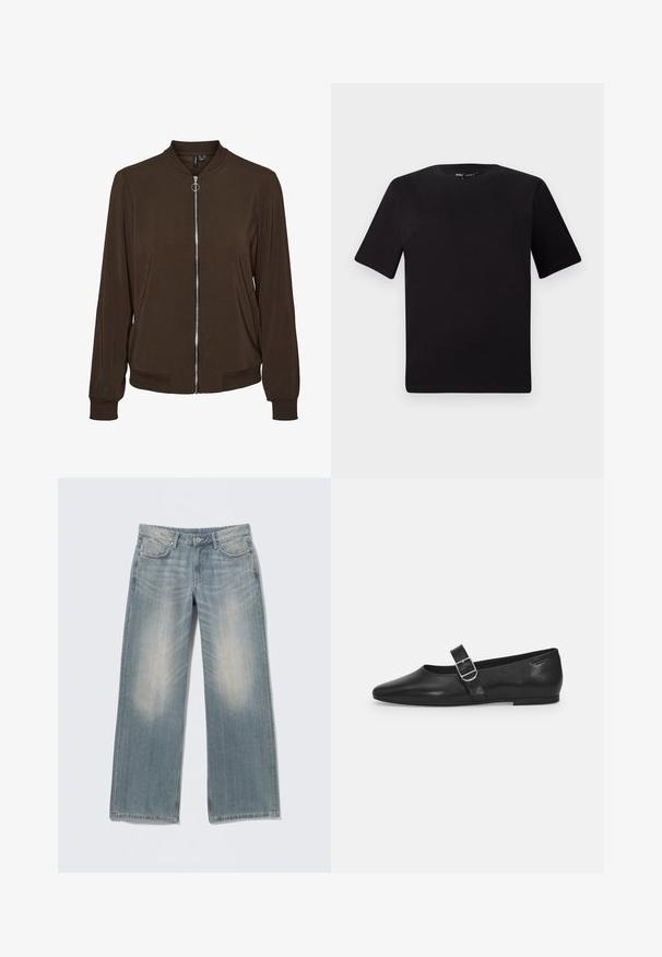 Veste bomber marron à manches longues avec fermeture éclair frontale argentée, col, poignets et ourlet côtelés.; T-shirt noir à manches courtes avec un col rond, fabriqué en coton doux. Design simple, sans logos ni motifs visibles.; Jean bleu clair à jambes larges avec une finition délavée, en denim. Comprend des passants pour ceinture, des poches avant et une braguette zippée avec fermeture par bouton.; Chaussure plate en cuir noir avec un bout arrondi, une seule sangle réglable à boucle et une texture lisse et brillante. Design minimaliste avec un petit talon.