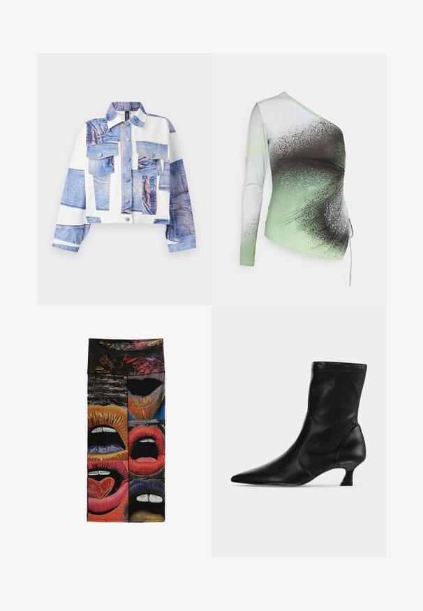 Zrezaná bunda s dizajnom denim potlače, s piatimi vreckami, zapínaním na gombík a kontrastnými bielymi textíliami. Prevládajú modré odtiene.; Elleme ONE SHOULDER - Top s dlhým rukávom - light green/white; Farebný panel z tkaniny obsahujúci šesť grafických detailov otvorených pier v rôznych farbách a vzoroch, vrátane objektu v tvare srdca na jazyku.; Čierna kožená čižma po stred lýtka s špicatou špičkou a nízkym kitten podpätkom, zobrazená z boku na svetlom jednofarebnom pozadí.