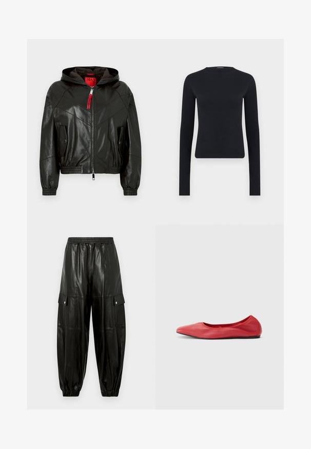 Veste à capuche en cuir noir avec fermeture éclair à l'avant, tirette de fermeture éclair rouge, poignets et ourlet élastiques, et deux poches à rabat avec boutons-pression.; Haut court noir à manches longues et coupe ajustée avec encolure ronde, fabriqué en tissu tricoté côtelé, présenté sur un fond gris clair uni.; Pantalon cargo noir en similicuir avec taille élastique, poches à rabat à boutons-pression sur les côtés, et poignets élastiques aux chevilles.; Filippa K REY FLATS - Ballerines - bright red