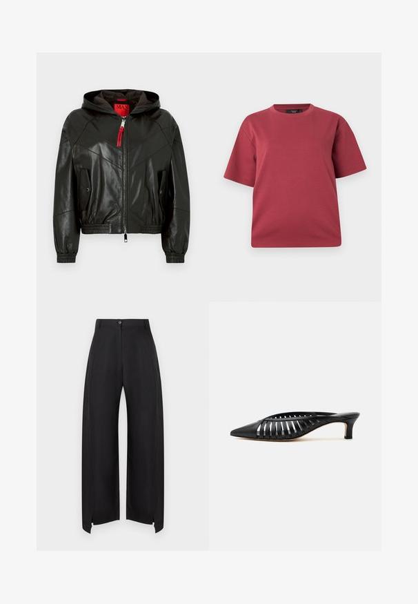 Veste à capuche en cuir noir avec fermeture éclair à l'avant, tirette de fermeture éclair rouge, poignets et ourlet élastiques, et deux poches à rabat avec boutons-pression.; T-shirt à manches courtes et col rond couleur rose poudré avec une coupe décontractée, présenté sur un fond blanc uni.; Pantalon noir taille haute à jambes larges avec fermeture à boutons devant et petites fentes à l'ourlet sur un fond blanc uni.; Mule en cuir noir avec bout pointu, design découpé à brides et petit talon kitten sur fond blanc.