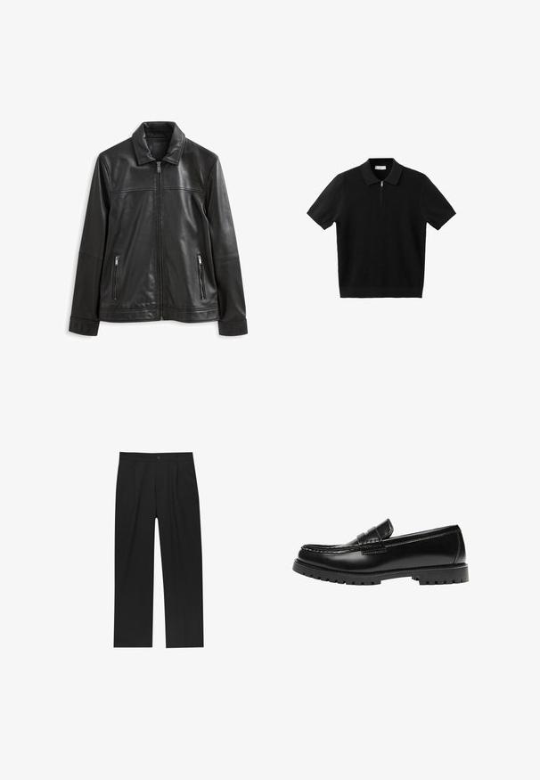Veste en cuir noire avec un col, fermeture éclair à l'avant, deux poches zippées sur les côtés et une texture lisse.; Polo noir à manches courtes avec devant texturé, manches unies, col et courte fermeture éclair au niveau de l'encolure.; Pantalons noirs au design droit, fabriqués à partir d'un tissu lisse. Dotés de plis sur le devant et d'une fermeture à un bouton à la taille.; Mocassin en cuir noir avec une semelle en caoutchouc épaisse et un détail classique de bride à monnaie, vu de côté extérieur.