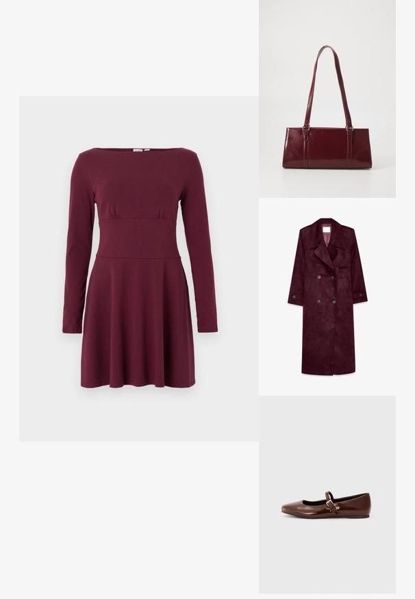 Burgunderfarbener Wildleder-Trenchcoat, doppelt knöpfbares Design, große Revers, seitliche Taschen, verstellbare Bündchen, ungefüttertes Innenfutter.; Langärmliges, weinrotes knielanges Kleid mit tailliertem Schnitt und Bootsausschnitt, auf weißem Hintergrund präsentiert.; Braune Lackleder-Ballerinas mit quadratischer Zehenform und Riemen mit einer kleinen goldenen Schnalle. Glatte Textur, niedriger Absatz und minimalistisches Design.; Burgunderfarbene Handtasche aus glänzendem Material, rechteckige Form, mit zwei Schulterriemen und subtilen, geschwungenen Akzenten an der Vorderseite.