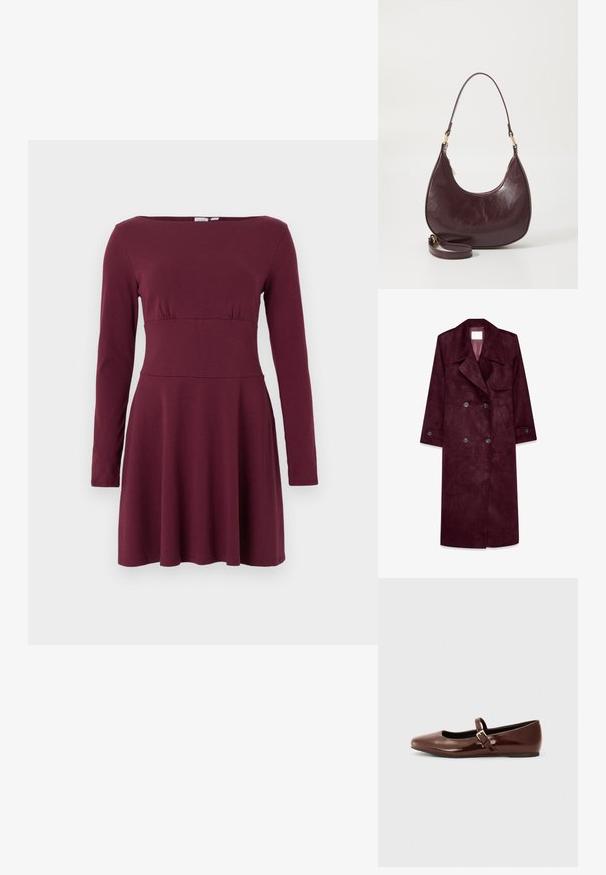 Burgundy ruskind trenchcoat, dobbeltradet design, store kraver, sidelommer, justerbare manchetter, uforet inderside.; Langærmet, vinrød knælængde kjole med tilpasset talje og bådhals, vist på en ensfarvet hvid baggrund.; Brun patentlæder balletflade med firkantet tå og strop med en lille guldbuckle. Glat tekstur, lav hæl og minimalistisk design.; Bordeaux læder skuldertaske med en buet form, lynlås lukning og en aftagelig rem. Har en glat overflade og guldfarvede hardware detaljer.