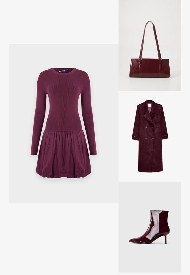 Burgunderfarbener Wildleder-Trenchcoat, doppelt knöpfbares Design, große Revers, seitliche Taschen, verstellbare Bündchen, ungefüttertes Innenfutter.; Lila Kleid mit einem gerippten Oberteil, langen Ärmeln und einem gerafften Rock. Der Stoff wirkt glatt mit einer leichten Textur.; Schimmernder dunkelroter Knöchelstiefel mit spitzem Zeh und dünnem, mittelhohem Absatz auf einem schlichten, hellen Hintergrund.; Burgunderfarbene Handtasche aus glänzendem Material, rechteckige Form, mit zwei Schulterriemen und subtilen, geschwungenen Akzenten an der Vorderseite.