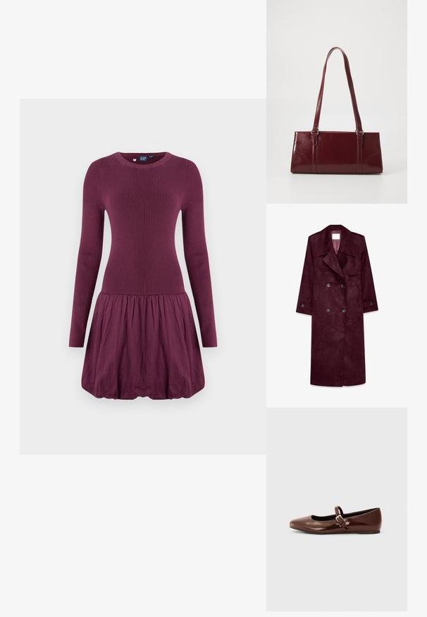 Gabardina de ante burdeos, diseño de doble botonadura, gran solapa, bolsillos laterales, puños ajustables, interior sin forro.; Vestido morado con cuerpo acanalado, mangas largas y falda fruncida. La tela parece suave y de textura ligera.; Bailarina de charol marrón con punta cuadrada y tira que presenta una pequeña hebilla dorada. Textura suave, tacón bajo y diseño minimalista.; Bolso burdeos hecho de material brillante, de forma rectangular, con dos asas para el hombro y sutiles acentos curvados en la parte frontal.