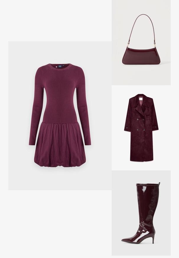 Burgunderfarbener Wildleder-Trenchcoat, doppelt knöpfbares Design, große Revers, seitliche Taschen, verstellbare Bündchen, ungefüttertes Innenfutter.; Lila Kleid mit einem gerippten Oberteil, langen Ärmeln und einem gerafften Rock. Der Stoff wirkt glatt mit einer leichten Textur.; Kniehohe Stiefel aus bordeauxfarbenem Lackleder mit spitz zulaufender Spitze und schlankem Absatz. Glatte Textur; figurbetontes Design mit Zuglasche an der Rückseite.; Dunkelburgunderfarbene, glänzende Handtasche mit einem einzigen dünnen Griff und einer schlanken, trapezförmigen Form auf einem schlichten hellen Hintergrund.