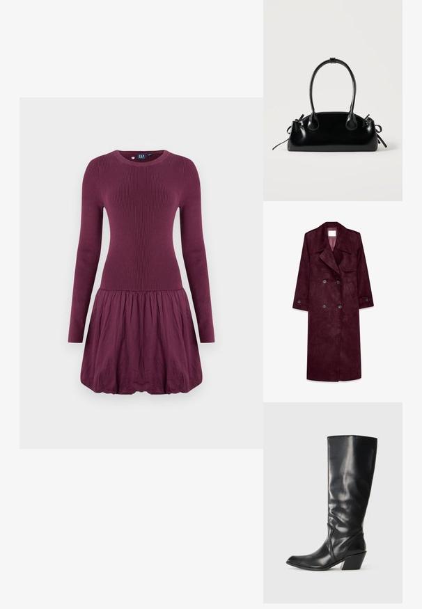Burgundy ruskind trenchcoat, dobbeltradet design, store kraver, sidelommer, justerbare manchetter, uforet inderside.; Lilla kjole med ribbet overdel, lange ærmer og en rynket nederdel. Stoffet ser glat ud med en let tekstur.; Sorte læder knæhøje støvler med spids tå, vinklet hæl og glat tekstur. Funktioner en subtil syning langs siden.; Lille sort blank håndtaske med to lange håndtag og snøre-detaljer i siden på en ensfarvet lys baggrund.