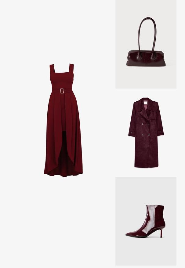 Bordeaux suède trenchcoat, dubbelzijdig design, grote revers, zijzakken, verstelbare manchetten, ongevoerd interieur.; Mouwloze donkerrode jurk met een vierkante halslijn, getailleerde taille met een riem met een vierkante gesp en een gelaagde asymmetrische lange rok.; Glanzende donkerrode enkellaars met pointed toe en dunne, middelhoge hak op een effen lichte achtergrond.; Donkerbruine glanzende leren handtas met lange, dunne handvatten en een gestructureerde rechthoekige bodem op een effen lichte achtergrond.