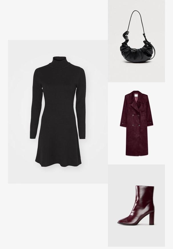 Bordeaux suède trenchcoat, dubbelzijdig design, grote revers, zijzakken, verstelbare manchetten, ongevoerd interieur.; Zwarte langetermijn turtleneck jurk met een aansluitende bovenkant en een vloeiende rok. Gemaakt van een zachte, gestructureerde stof, met een gladde, effen kleur.; Blinkend donker bordeauxleren laars tot halverwege het kuit met een puntige neus en een hoge blokhak op een neutrale achtergrond.; Zwarte gerimpelde leren handtas met verstelbare schouderriem en grote zwarte haarclip bevestigd aan de riem op een effen achtergrond.