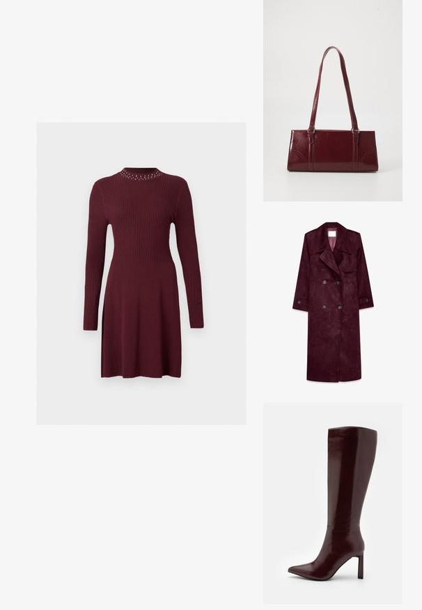 Gabardina de ante burdeos, diseño de doble botonadura, gran solapa, bolsillos laterales, puños ajustables, interior sin forro.; Vestido de punto acanalado burdeos con mangas largas y un cuerpo ajustado, que presenta un escote redondo adornado con pequeños cortes en el cuello.; Even&Odd Botas - dark red; Bolso burdeos hecho de material brillante, de forma rectangular, con dos asas para el hombro y sutiles acentos curvados en la parte frontal.